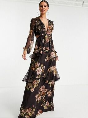 ASOS TALL Floral Lace-Trim Maxi Dress in Brown with Pink Rose Print